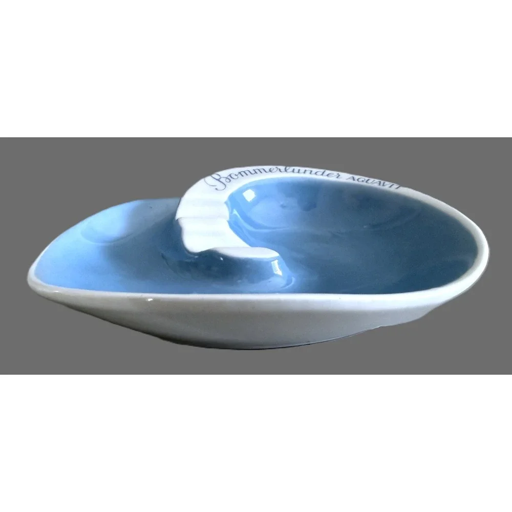 Bommerlunder Aquavit Bavaria Ceramic Ashtray Vintage Barware Blue White Freeform